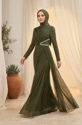 Stone Embellished Tulle Hijab Evening Dress 5723-02 Khaki 5723-02