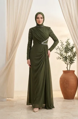 Stone Embellished Tulle Hijab Evening Dress 5723-02 Khaki 5723-02