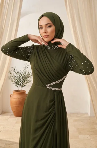 Stone Embellished Tulle Hijab Evening Dress 5723-02 Khaki 5723-02