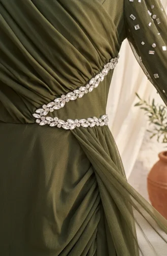 Stone Embellished Tulle Hijab Evening Dress 5723-02 Khaki 5723-02