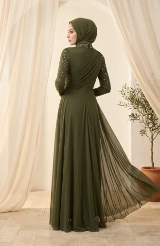Stone Embellished Tulle Hijab Evening Dress 5723-02 Khaki 5723-02