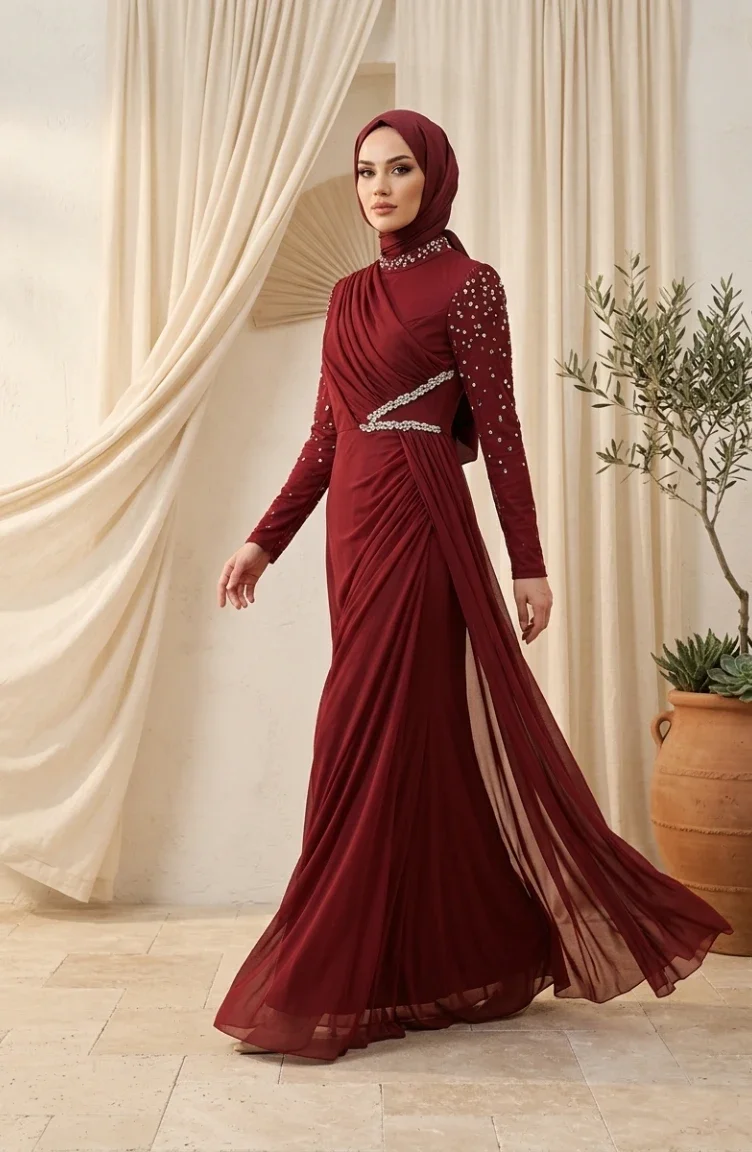 Stone Embellished Tulle Hijab Evening Dress 5723-03 Burgundy 5723-03