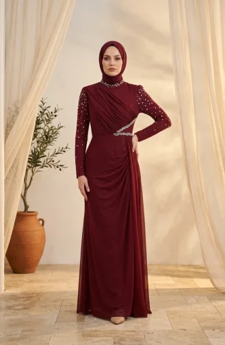 Stone Embellished Tulle Hijab Evening Dress 5723-03 Burgundy 5723-03