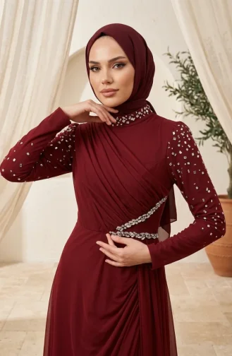 Stone Embellished Tulle Hijab Evening Dress 5723-03 Burgundy 5723-03