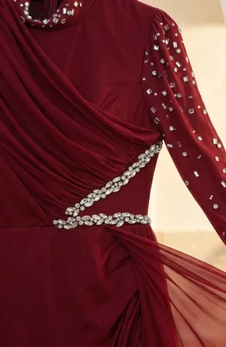 Stone Embellished Tulle Hijab Evening Dress 5723-03 Burgundy 5723-03
