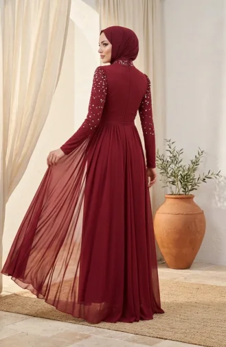 Stone Embellished Tulle Hijab Evening Dress 5723-03 Burgundy 5723-03
