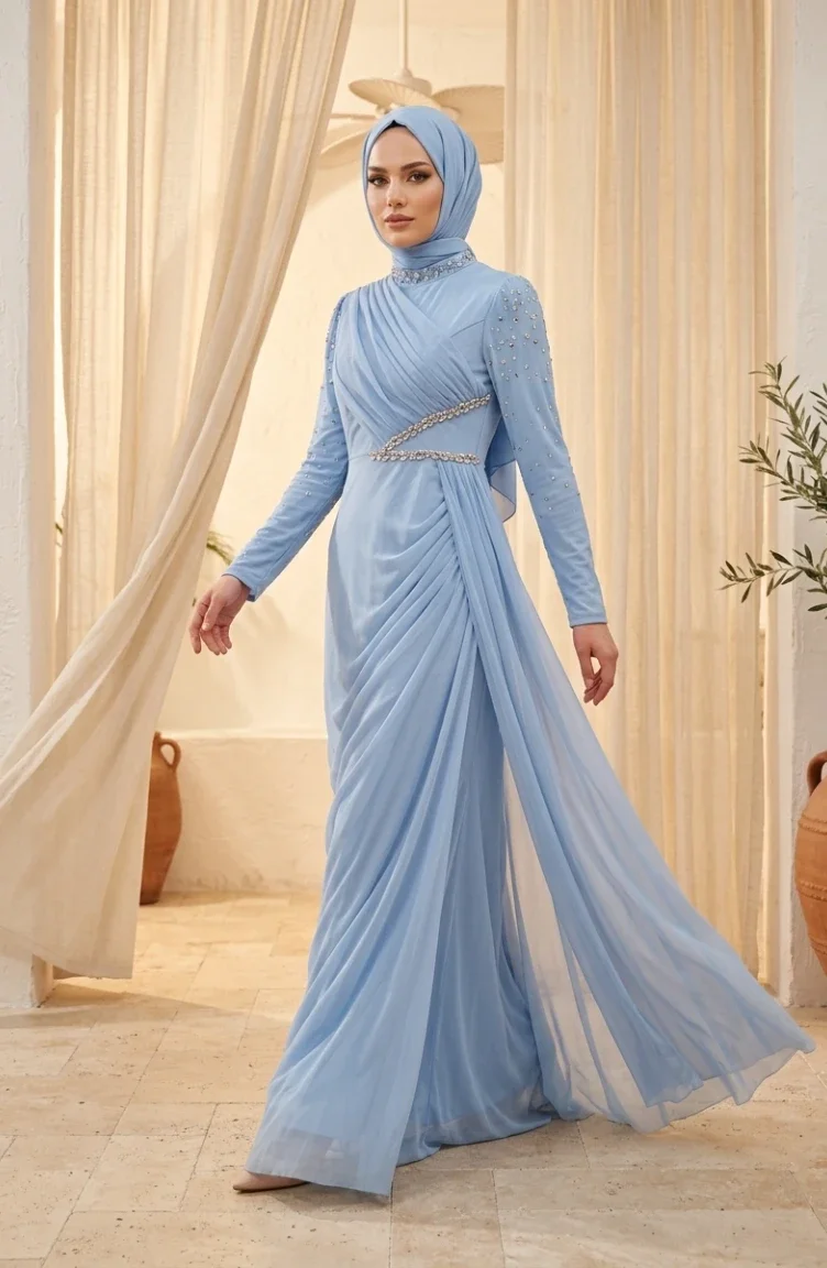 Stone Embellished Tulle Hijab Evening Dress 5723-04 Blue 5723-04