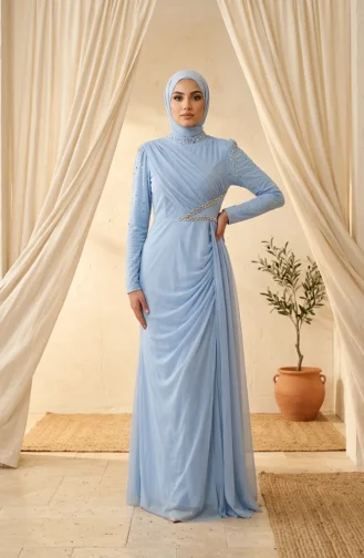 Stone Embellished Tulle Hijab Evening Dress 5723-04 Blue 5723-04