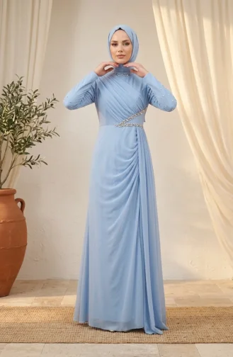 Stone Embellished Tulle Hijab Evening Dress 5723-04 Blue 5723-04