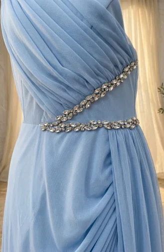 Stone Embellished Tulle Hijab Evening Dress 5723-04 Blue 5723-04