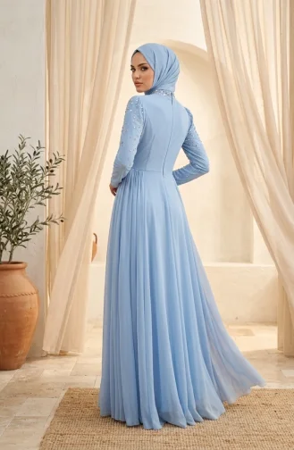 Stone Embellished Tulle Hijab Evening Dress 5723-04 Blue 5723-04