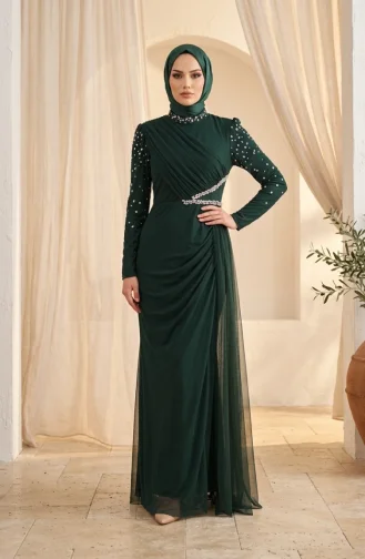 فستان سهرة من التول مزين بالأحجار، لون أخضر زمردي، رقم الموديل 5723-05 5723-05