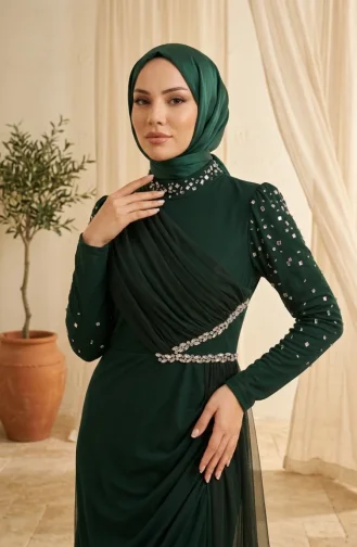 فستان سهرة من التول مزين بالأحجار، لون أخضر زمردي، رقم الموديل 5723-05 5723-05