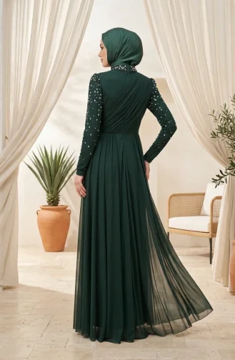 فستان سهرة من التول مزين بالأحجار، لون أخضر زمردي، رقم الموديل 5723-05 5723-05