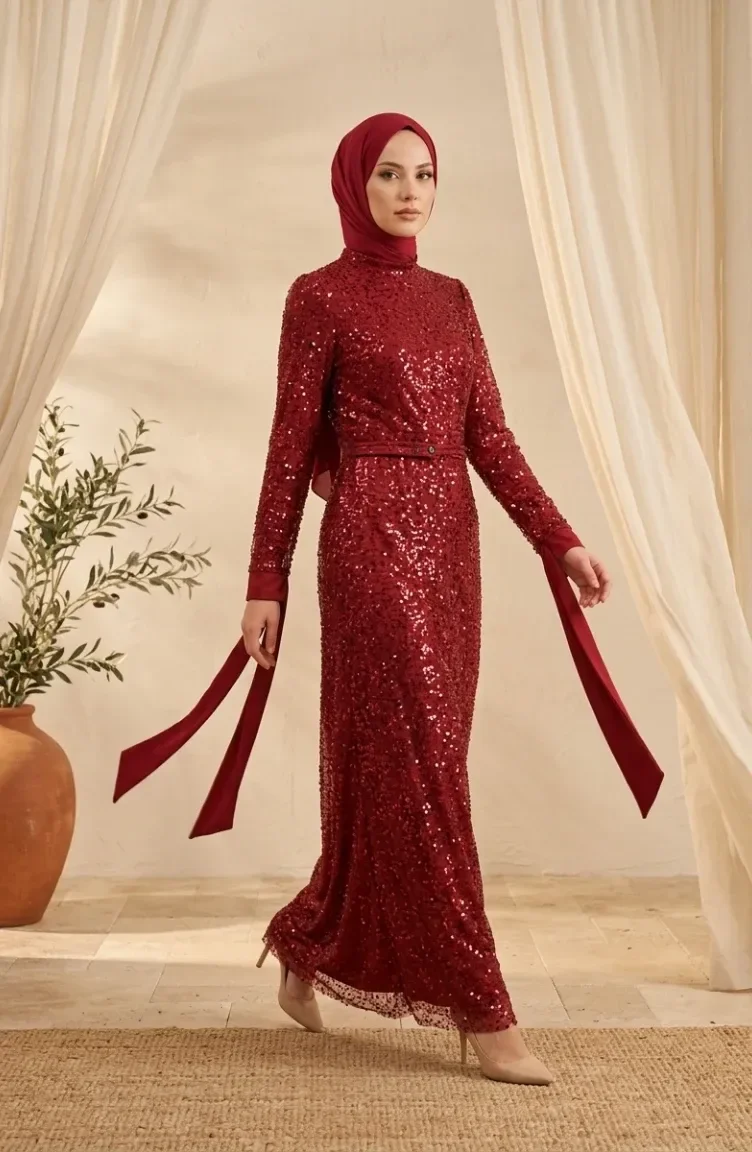 Beaded Tulle Hijab Evening Dress 5730-03 Burgundy 5730-03