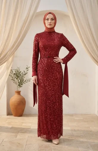 Beaded Tulle Hijab Evening Dress 5730-03 Burgundy 5730-03