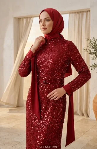 Beaded Tulle Hijab Evening Dress 5730-03 Burgundy 5730-03
