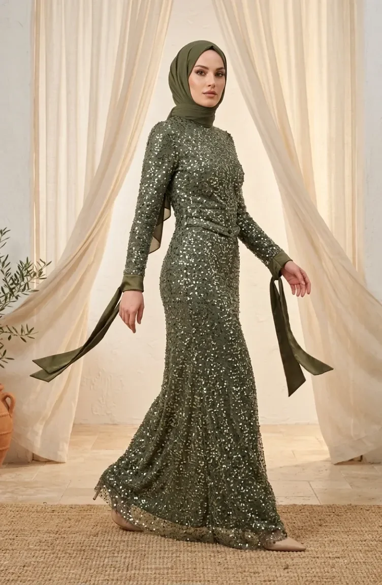 Beaded Tulle Hijab Evening Dress 5730-04 Khaki 5730-04