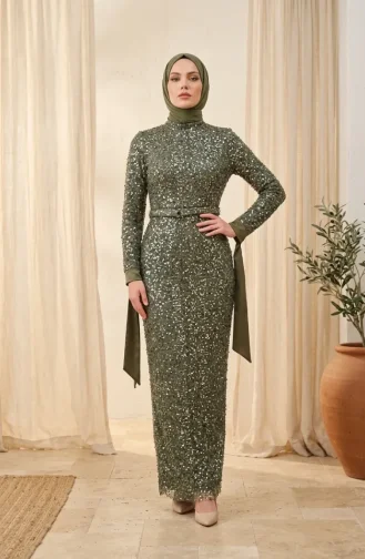 Beaded Tulle Hijab Evening Dress 5730-04 Khaki 5730-04