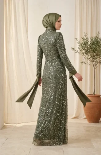 Beaded Tulle Hijab Evening Dress 5730-04 Khaki 5730-04