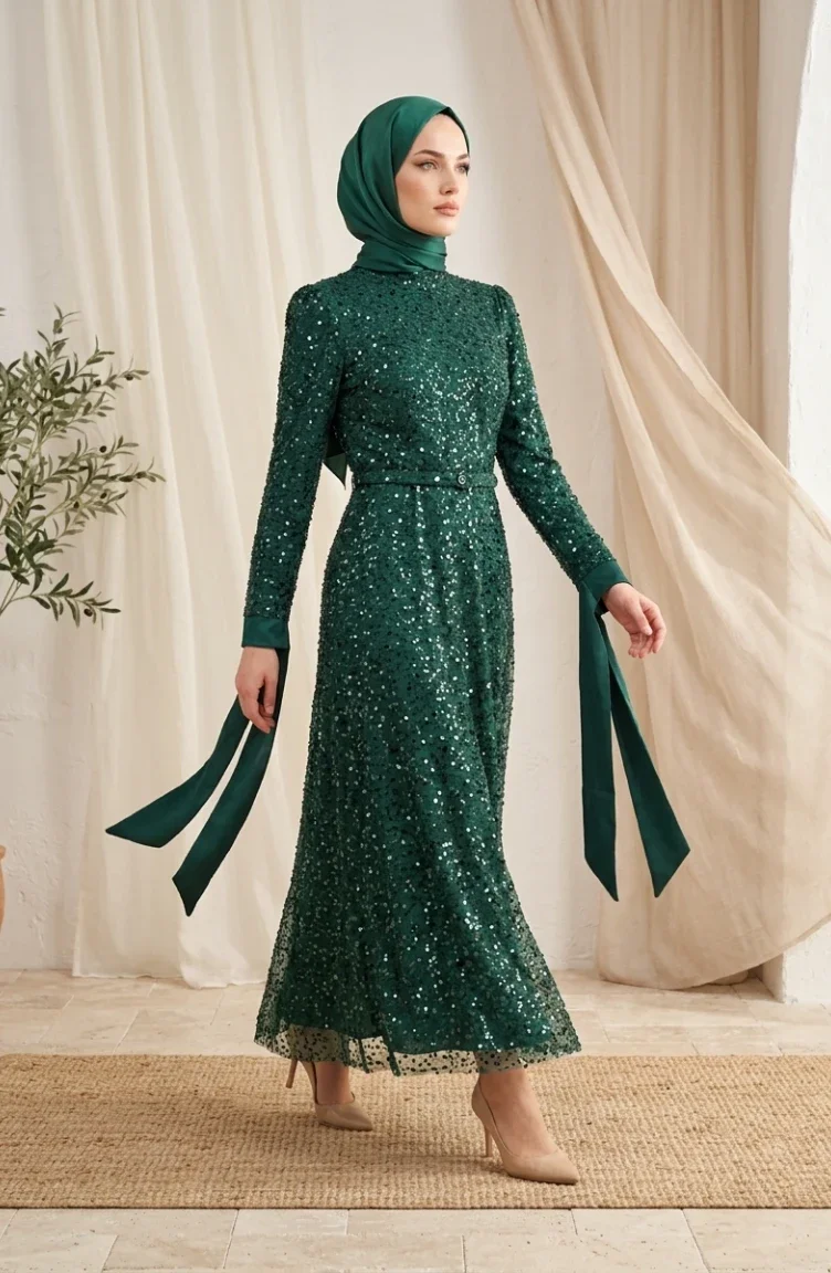 Beaded Tulle Hijab Evening Dress 5730-05 Emerald Green 5730-05