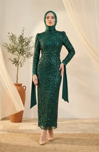 Beaded Tulle Hijab Evening Dress 5730-05 Emerald Green 5730-05