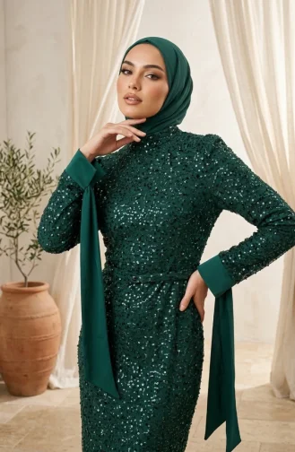 Beaded Tulle Hijab Evening Dress 5730-05 Emerald Green 5730-05