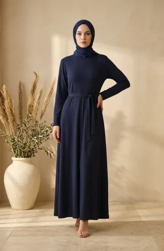 Bürümcük Kumaş Kuşaklı Elbise 0509-01 Lacivert