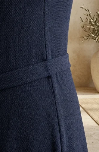 Bürümcük Kumaş Kuşaklı Elbise 0509-01 Lacivert