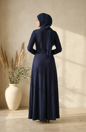 Bürümcük Kumaş Kuşaklı Elbise 0509-01 Lacivert