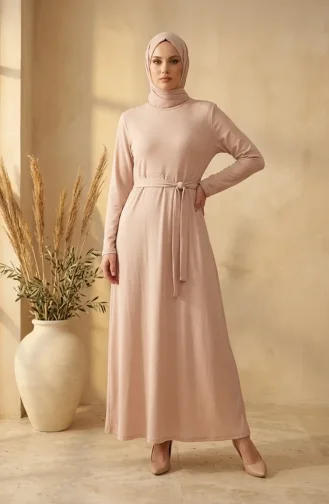 Bürümcük Kumaş Kuşaklı Elbise 0509-03 Bej