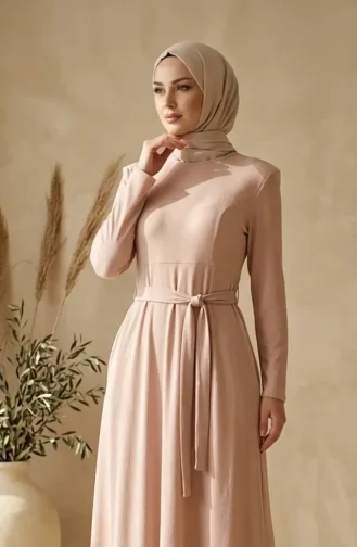 Bürümcük Kumaş Kuşaklı Elbise 0509-03 Bej