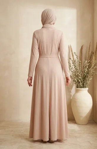 Bürümcük Kumaş Kuşaklı Elbise 0509-03 Bej
