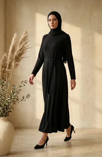فستان أسود بحزام من قماش الكريب 0509-04 0509-04