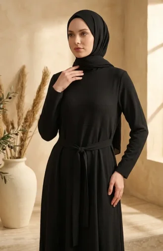 فستان أسود بحزام من قماش الكريب 0509-04 0509-04
