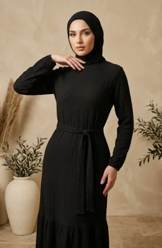 Kleid Aus Bubble-Stoff Mit Elastischen Ärmeln Und Gürtel 0510-06 Schwarz 0510-06