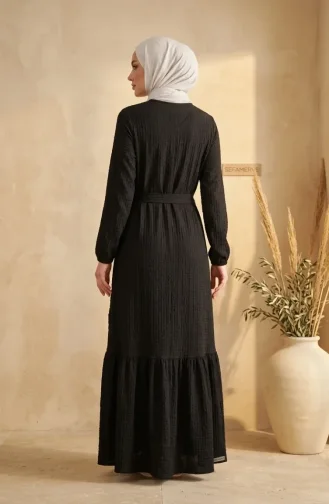 Kleid Aus Bubble-Stoff Mit Elastischen Ärmeln Und Gürtel 0510-06 Schwarz 0510-06