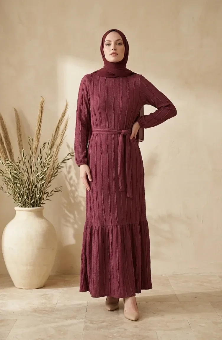 Kleid Mit Gerafftem Gürtel 0551-07 Rosa 0551-07