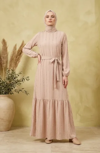 Kleid Mit Gerafftem Gürtel 0551-08 Beige 0551-08