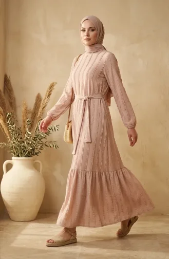 Kleid Mit Gerafftem Gürtel 0551-08 Beige 0551-08