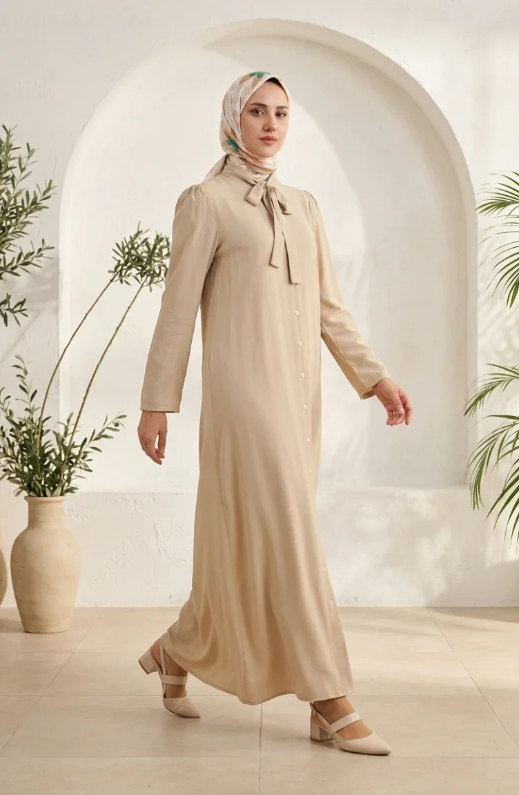 Robe Boutonnées col Nœud 5111-01 Beige  5111-01