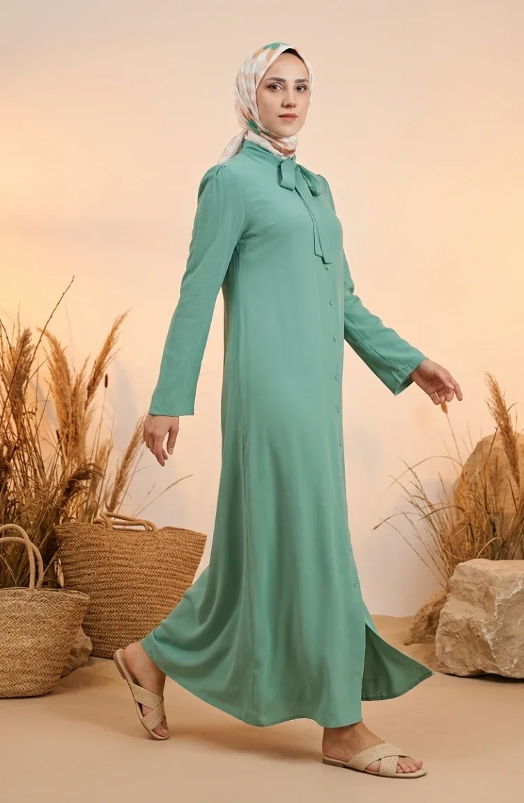 Robe Boutonnée à Col Noué 5111-08 Vert Eau 5111-08