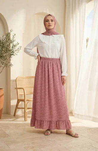 Jupe à Taille élastique Et Motif Floral 0315-01 Rose Poudré 0315-01