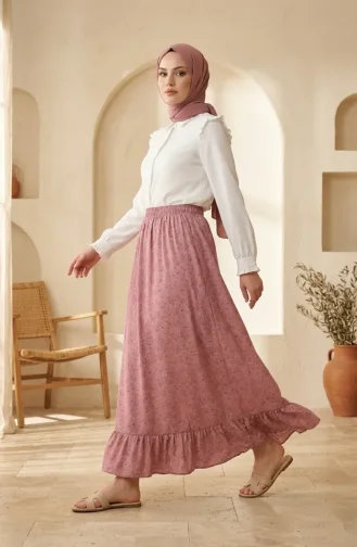 Jupe à Taille élastique Et Motif Floral 0315-01 Rose Poudré 0315-01