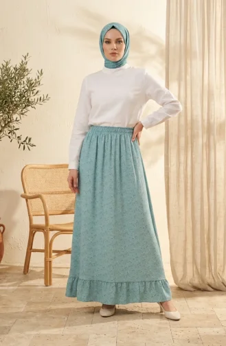 Jupe à Taille élastique Et Motif Floral 0315-03 Vert Sauge 0315-03