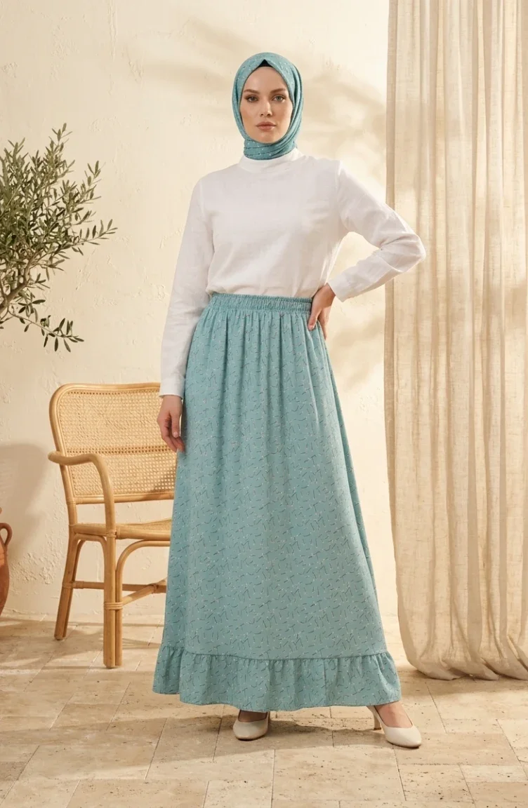 Jupe à Taille élastique Et Motif Floral 0315-03 Vert Sauge 0315-03