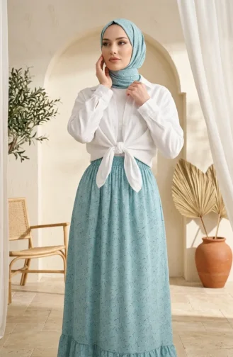 Jupe à Taille élastique Et Motif Floral 0315-03 Vert Sauge 0315-03