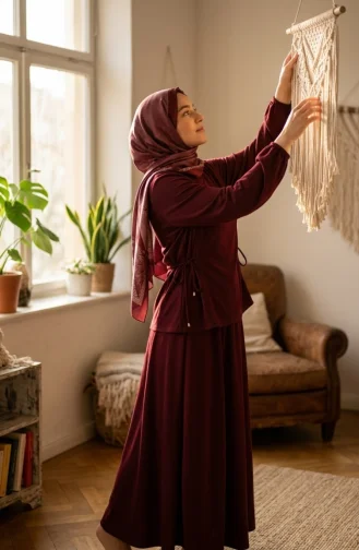 Oysho Fabric Lace-Up Blouse And Skirt Two-Piece Hijab Set 5660-02 Burgundy 5660-02