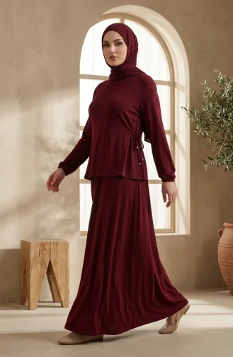 Oysho Fabric Lace-Up Blouse And Skirt Two-Piece Hijab Set 5660-02 Burgundy 5660-02