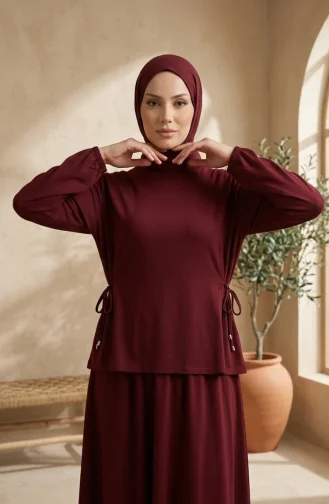 Oysho Fabric Lace-Up Blouse And Skirt Two-Piece Hijab Set 5660-02 Burgundy 5660-02